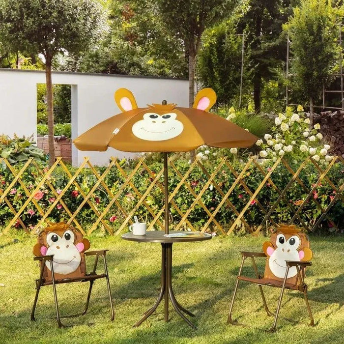 Kids monkey garden set with foldable chairs and umbrella on grass in backyard