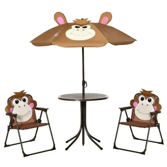 Kids garden set with two foldable monkey design chairs, table, and matching monkey umbrella
