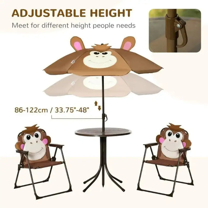 Kids garden set with two foldable monkey design chairs and adjustable umbrella, round table