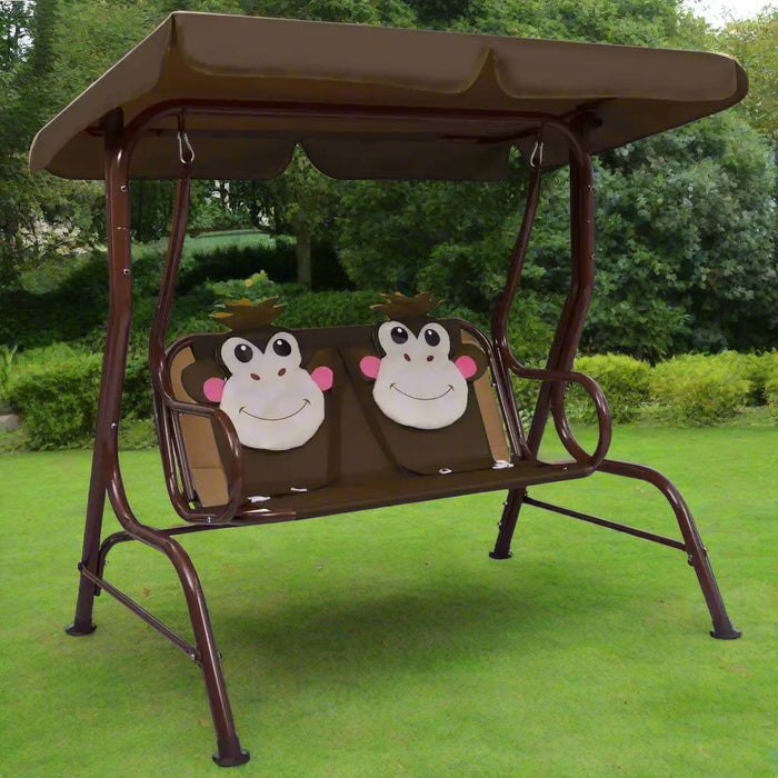 Kids monkey design swing seat with sunshade canopy on garden patio lawn