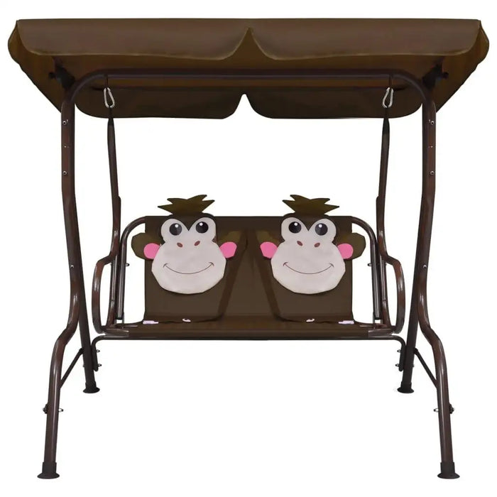 Kids monkey design swing seat with sunshade canopy, brown frame, two seats, playful cushions.
