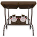 Kids monkey design swing seat with sunshade canopy, brown frame, two seats, playful cushions.