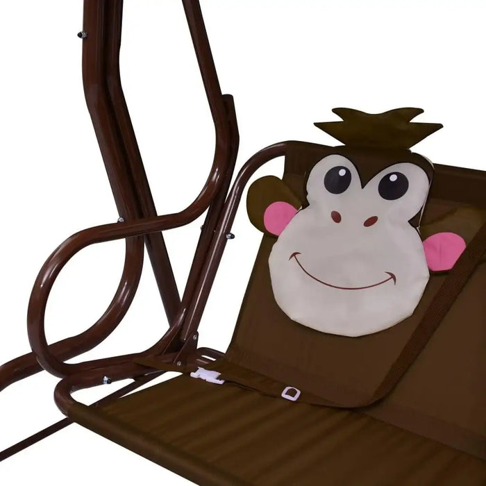 Kids monkey design swing seat with brown frame and cartoon monkey backrest