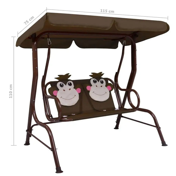 Kids swing seat with brown monkey design cushions and sunshade canopy, metal frame