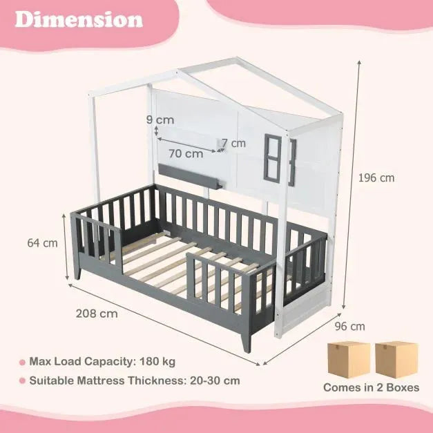 Kids Montessori Wooden House Bed with 2 Shelves and Guardrails (96 x 208cm) - Little and Giant Explorers Costway