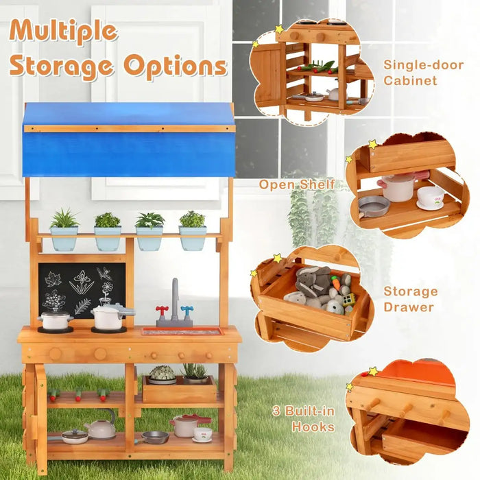 Natural fir wood play kitchen with blue adjustable canopy, sink, chalkboard, and multiple storage options
