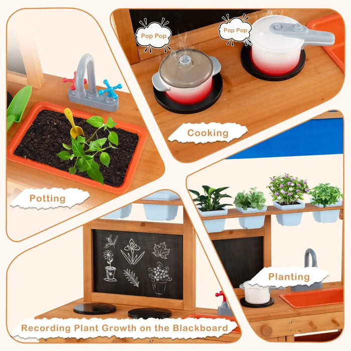 Kids play kitchen with potting soil, toy cooking pots, plant shelf, and blackboard for recording plant growth