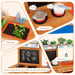 Kids play kitchen with potting soil, toy cooking pots, plant shelf, and blackboard for recording plant growth