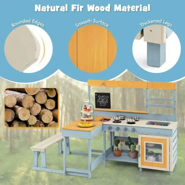 Kids Outdoor Wooden Mud Kitchen with Picnic Table | Garden Cooking and Dining Station COSTWAY - Little and Giant Explorers Costway