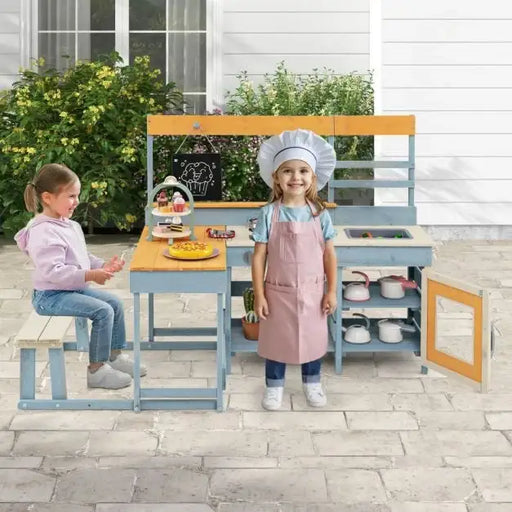 Kids Outdoor Wooden Mud Kitchen with Picnic Table | Garden Cooking and Dining Station COSTWAY - Little and Giant Explorers Costway