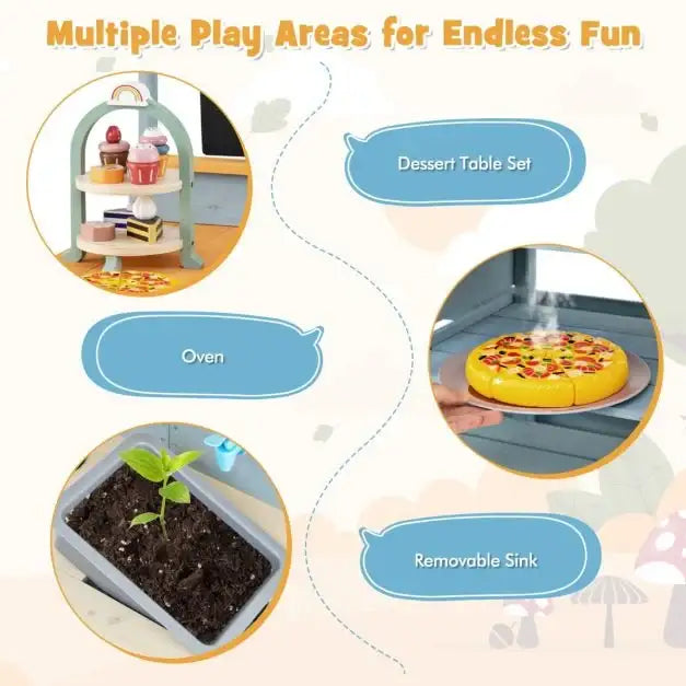 Kids Outdoor Wooden Mud Kitchen with Picnic Table | Garden Cooking and Dining Station COSTWAY - Little and Giant Explorers Costway