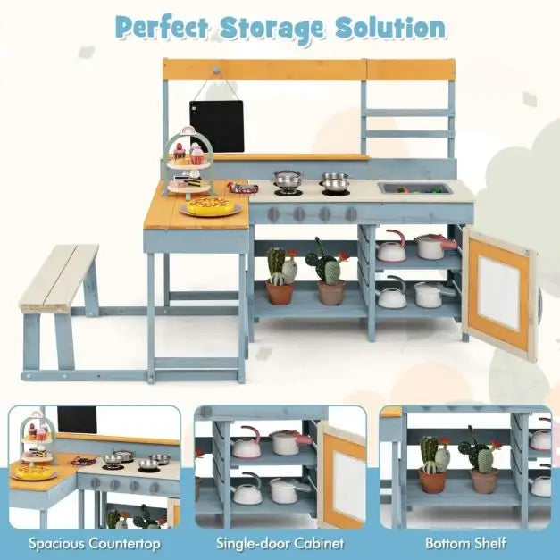 Kids Outdoor Wooden Mud Kitchen with Picnic Table | Garden Cooking and Dining Station COSTWAY - Little and Giant Explorers Costway