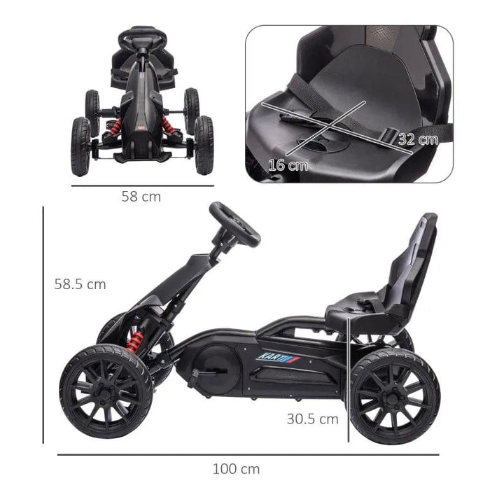 Kids black pedal go kart with adjustable seat, handbrake, and measurements shown