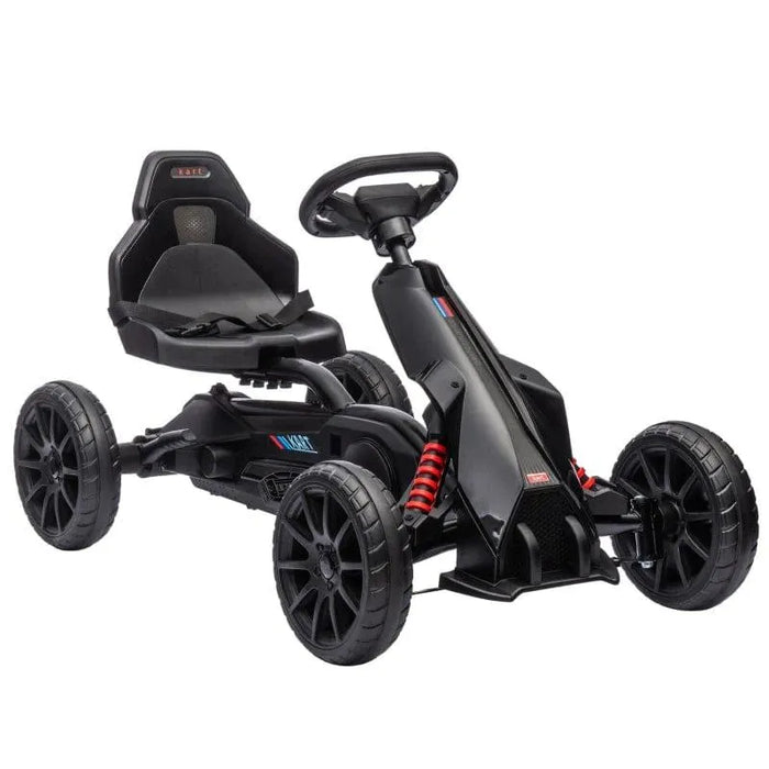 Black kids pedal go kart with adjustable seat, handbrake, and sturdy wheels