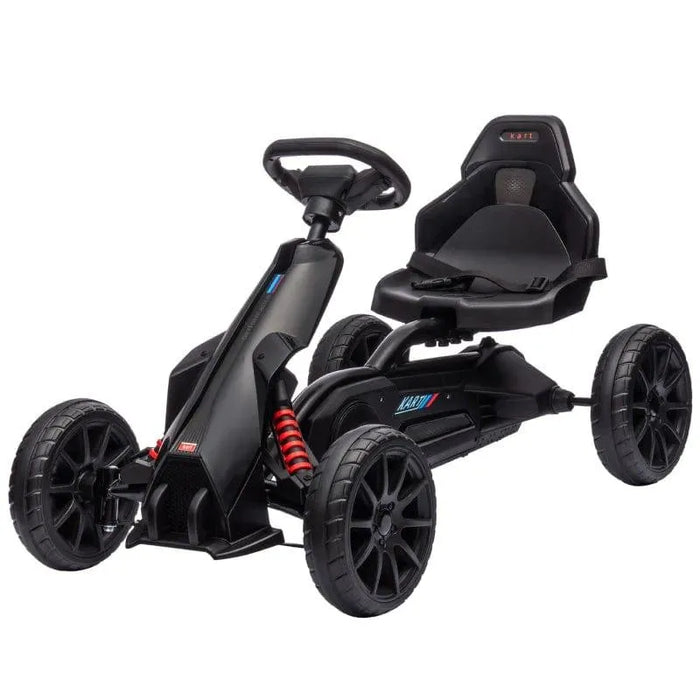 Black kids pedal go kart with adjustable seat, handbrake, and large wheels
