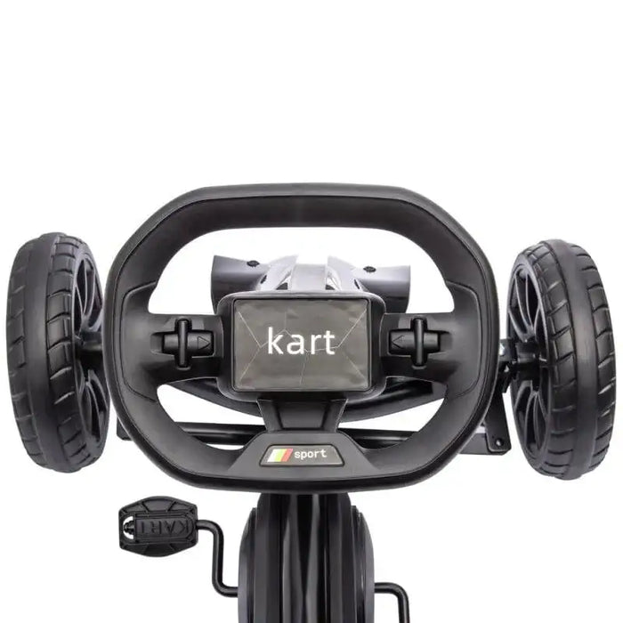 Black kids pedal go kart front view with adjustable seat, large wheels and handbrake