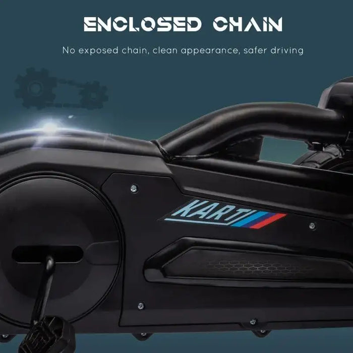 Black kids pedal go kart with enclosed chain and KART decal detail, side view