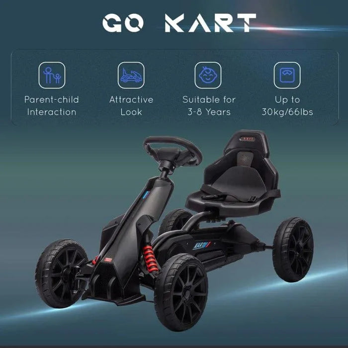 Black kids pedal go kart with adjustable seat and handbrake, suitable for ages 3-8