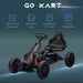 Black kids pedal go kart with adjustable seat and handbrake, suitable for ages 3-8