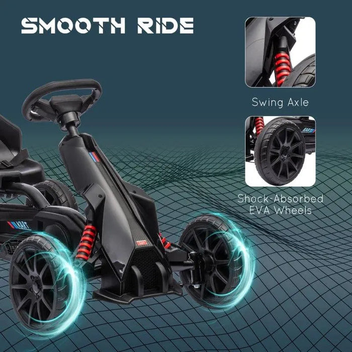 Black kids pedal go-kart with adjustable seat, swing axle, and shock-absorbed EVA wheels.