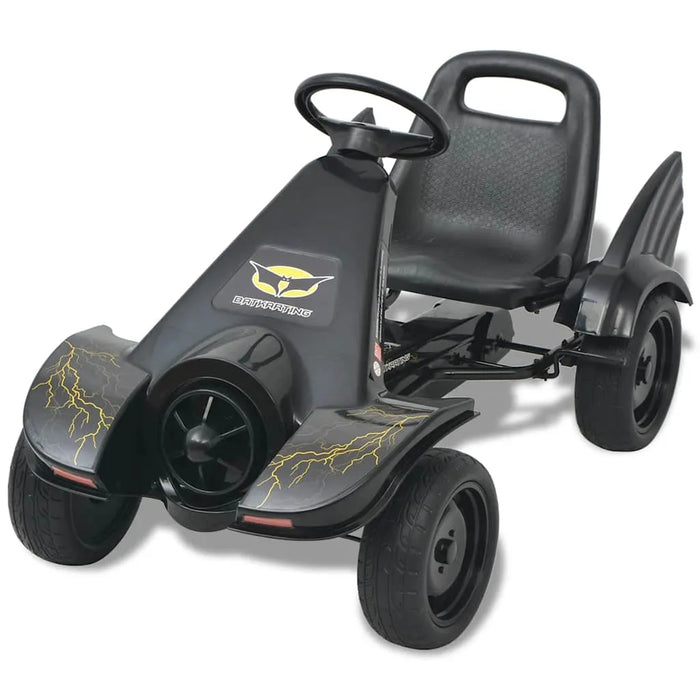 Black kids pedal go-kart with yellow lightning graphics and sporty design