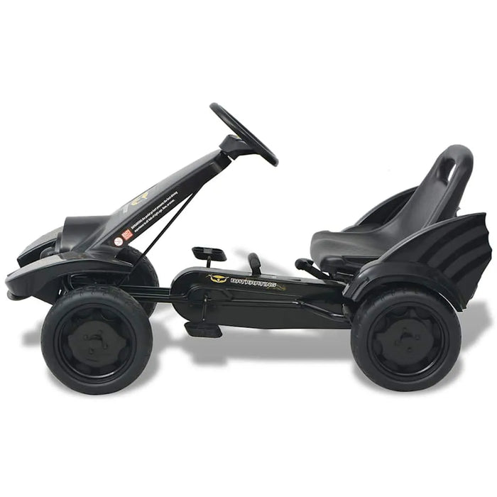Black pedal go kart for kids with sporty seat and durable plastic wheels, side view