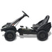 Black pedal go kart for kids with sporty seat and durable plastic wheels, side view