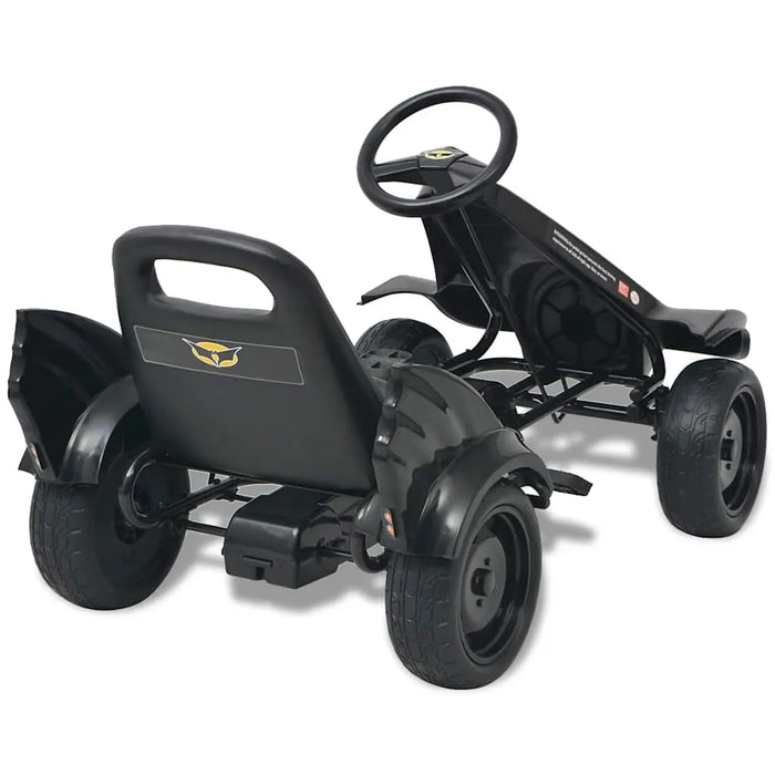 Black pedal go kart for kids with four wheels and steering wheel, rear view
