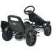 Black pedal go kart for kids with four wheels and steering wheel, rear view