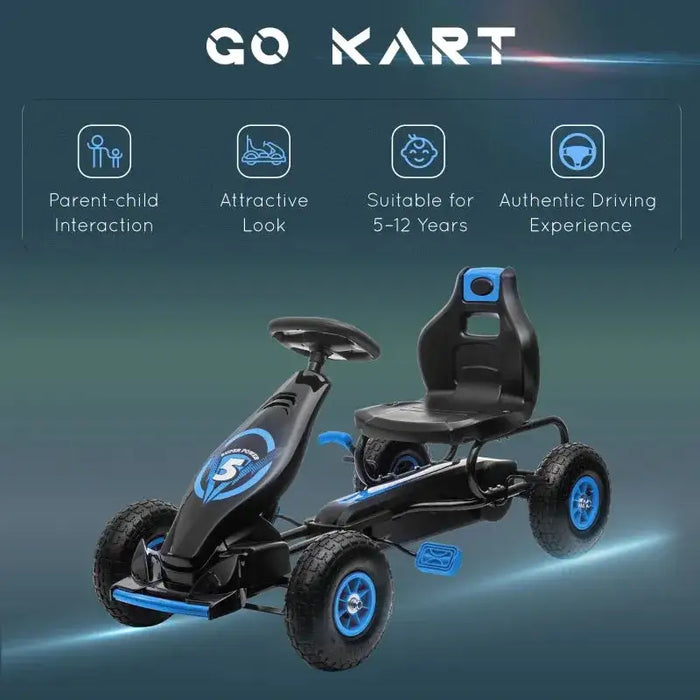 Pedal Go Kart with Adjustable Seat and Inflatable Tyres in Blue - Little and Giant Explorers HOMCOM