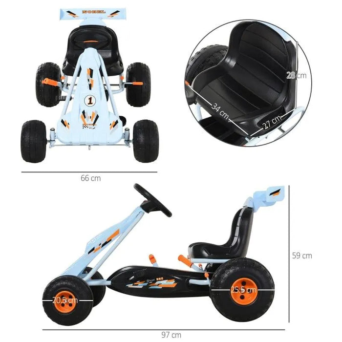 Kids blue and orange pedal go kart with handbrake, gear lever, and size dimensions shown.