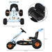 Kids blue and orange pedal go kart with handbrake, gear lever, and size dimensions shown.
