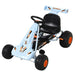 Blue and orange kids pedal go-kart with black seat, handbrake, gear lever, and large wheels