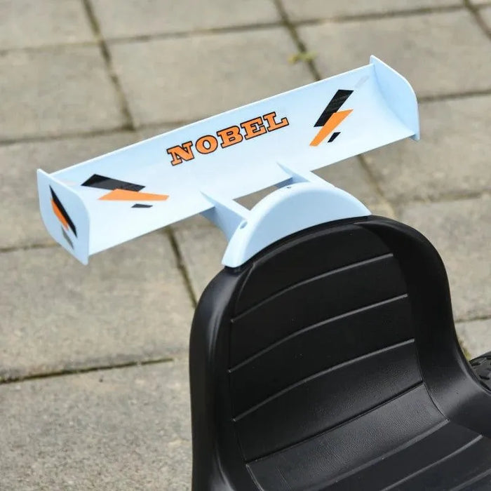 Rear view of kids pedal go kart with black seat and blue spoiler marked 'NOBEL' on pavement