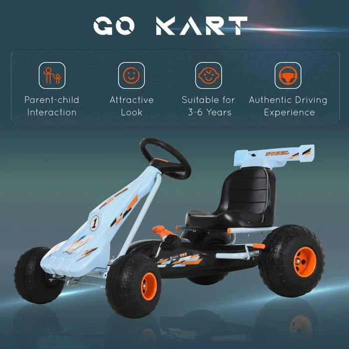 Blue and orange kids pedal go kart with handbrake, gear lever, and sporty graphics.