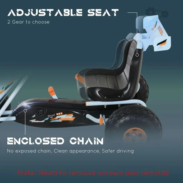 Blue and orange kids pedal go-kart with adjustable seat and enclosed chain