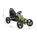 Green and black kids pedal go kart with handbrake, chain drive, and size dimensions shown.