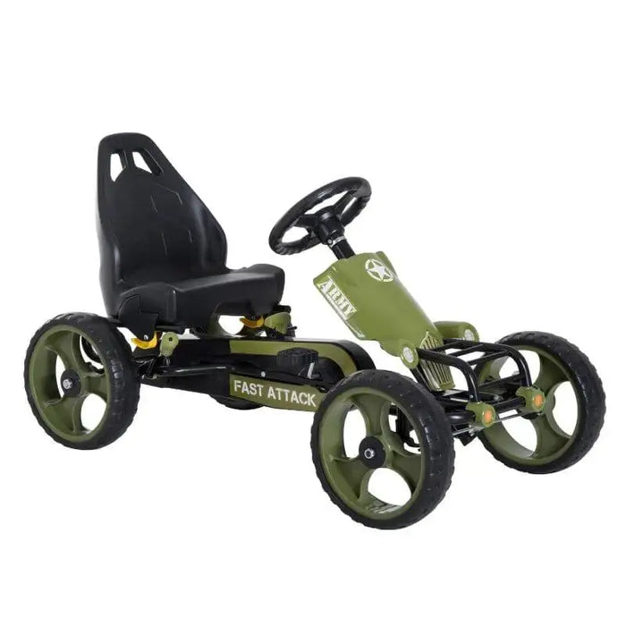 Green and black kids pedal go-kart with handbrake and chain drive, FAST ATTACK model