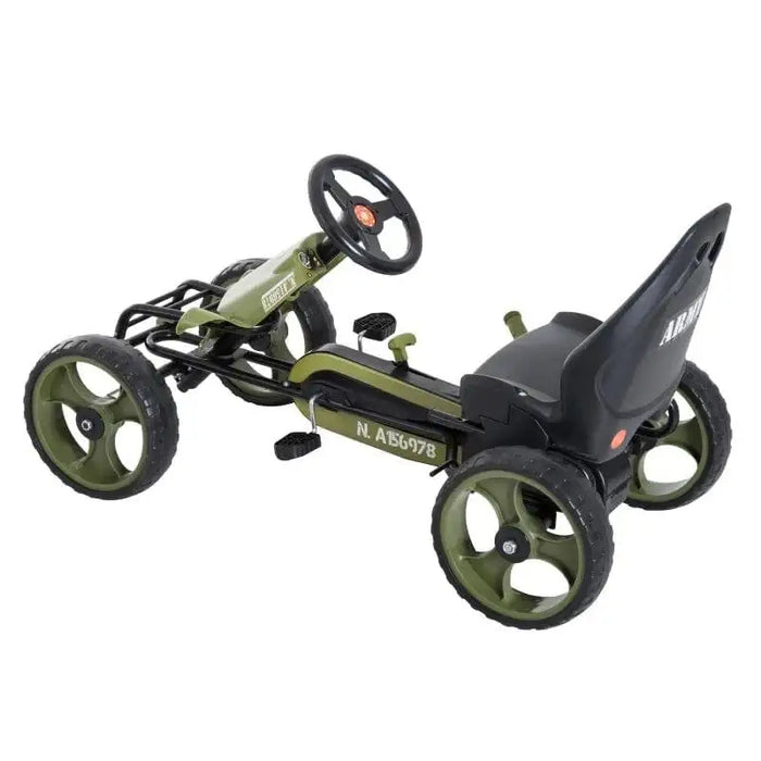 Green and black kids pedal go-kart with handbrake, chain drive, and army design