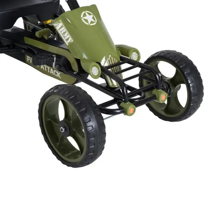 Green and black kids pedal go kart with army design, large wheels, and front handbrake