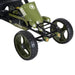 Green and black kids pedal go kart with army design, large wheels, and front handbrake