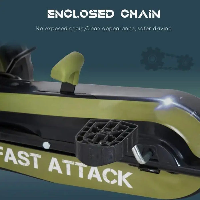 Green and black kids pedal go kart with enclosed chain and FAST ATTACK text on side.