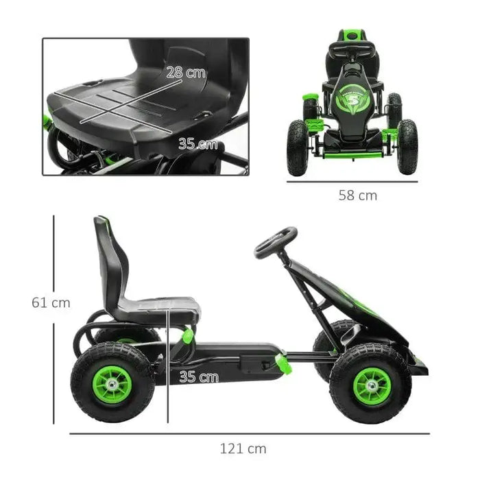 Green and black kids pedal go kart with shock-absorbing suspension, seat and frame dimensions shown.