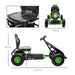 Green and black kids pedal go kart with shock-absorbing suspension, seat and frame dimensions shown.