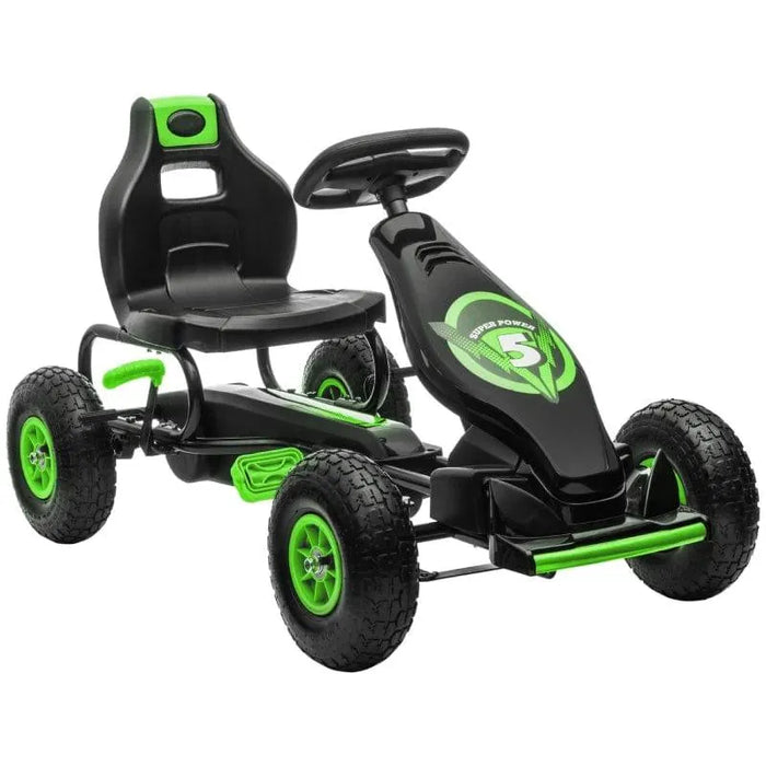 Green and black kids pedal go-kart with shock-absorbing suspension, model Super Power 5.