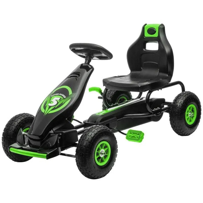 Green and black kids pedal go-kart with shock-absorbing suspension on white background