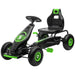 Green and black kids pedal go-kart with shock-absorbing suspension on white background