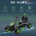 Green and black kids pedal go kart with shock-absorbing suspension on dark background