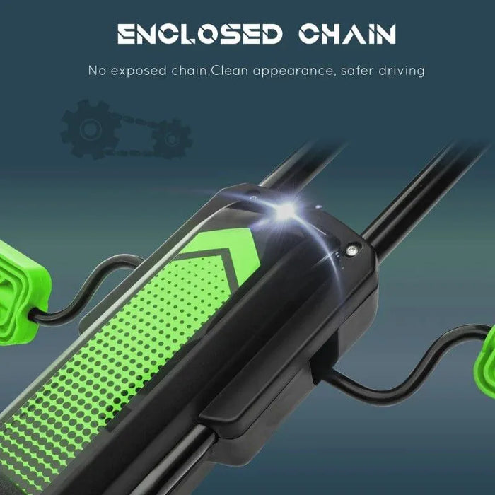 Close-up of green and black kids pedal go-kart with enclosed chain for safer driving