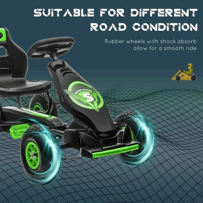 Green and black kids pedal go-kart with shock absorbing rubber wheels on digital grid background.